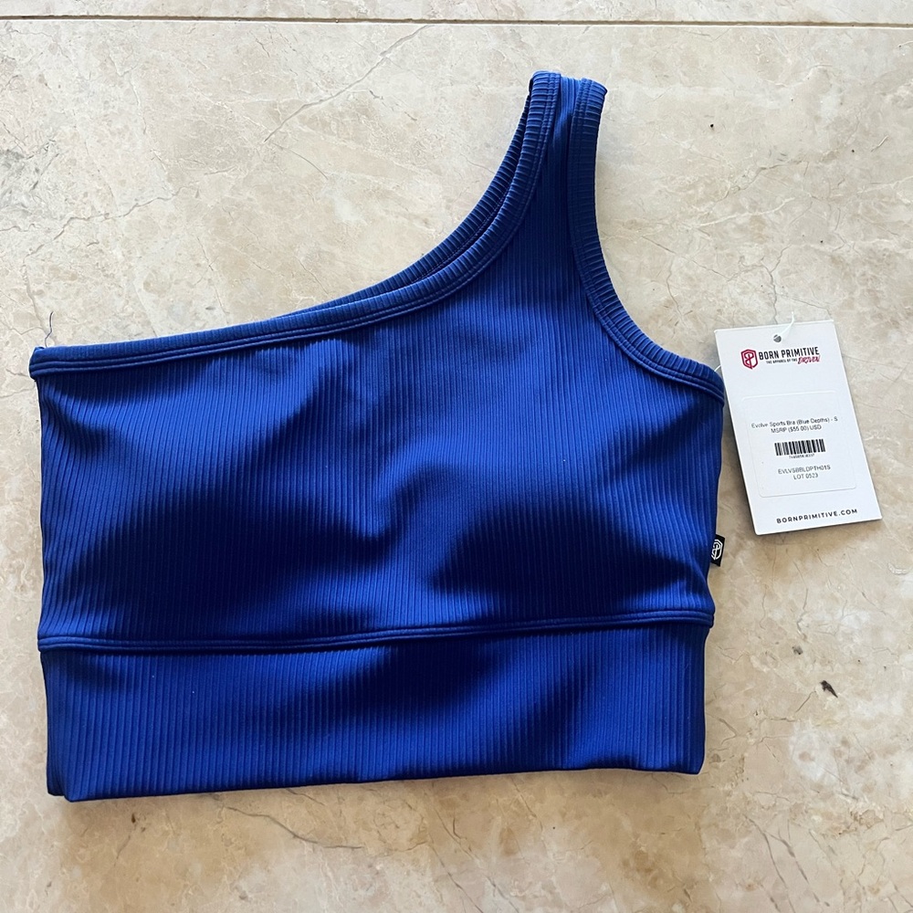 NWT Born Primitive Sports Bra Crop Top S Train Athleisure One Shoulder Blue New